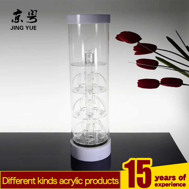 Factory custom Led rotating round cylinder pmma plexiglass acrylic watch display box shelf acrylic watch display showcase