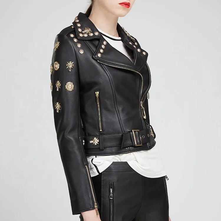 Fashion Cool Design Genuine Leather Coat Short Real Leather Punk Style Casual Studded Perfectly Motorcycle Women Leather Jacket