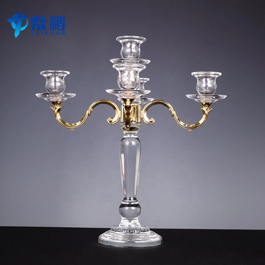 
Luxurious exquisite gold 5 arm crystal votive candelabra for wedding centerpiece 