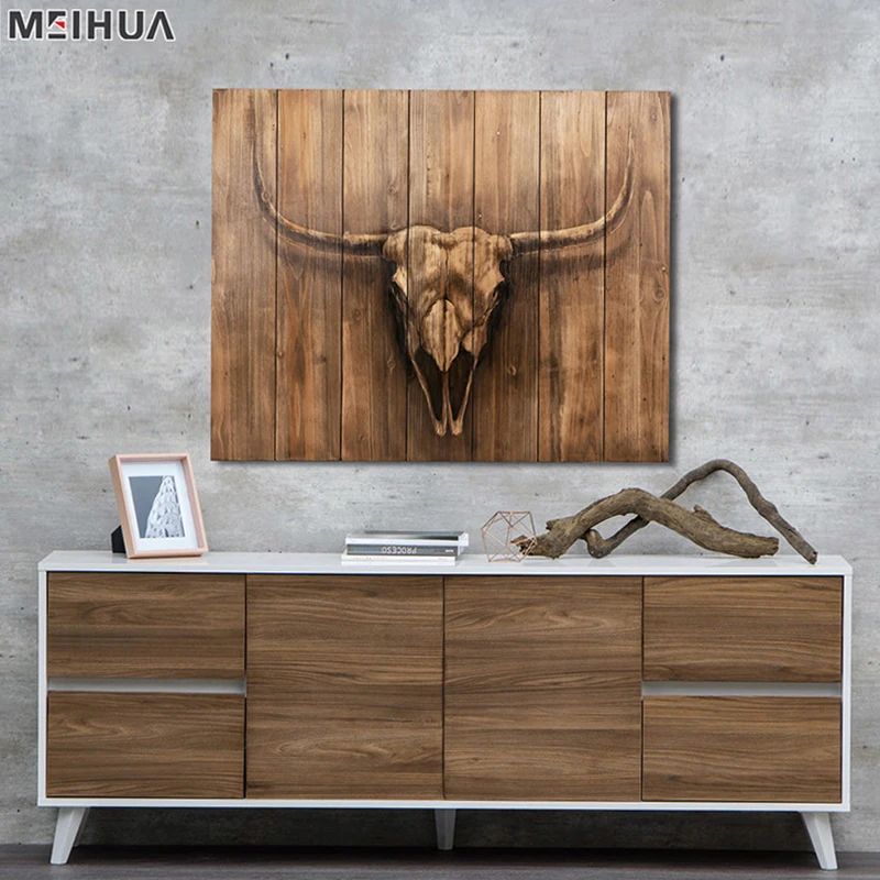 Hot Wholesalers Home Decoration Oil Pine Wood Modern Woodcut Bull Prints Carving Wall Art Animal 76x60 or Customized Meihua