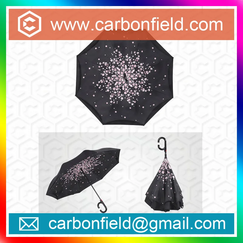 Windproof Reverse Folding Double Layer Inverted Umbrella and Self Standing Inside Out Rain Protection Umbrella with C-shaped Han