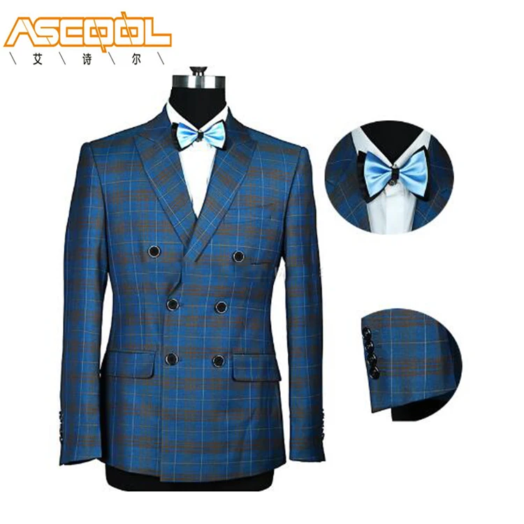 New design wholesale blue plaid polyester coat men slim fit wedding suits body fitness