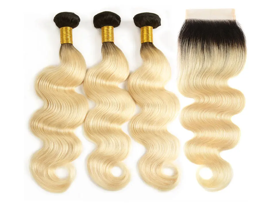 100% Unprocessed Caucasian Human Hair 1B 613 Blonde Ombre Color Remy Ukrainian Hair Weave Bundles With Lace Closure Frontal