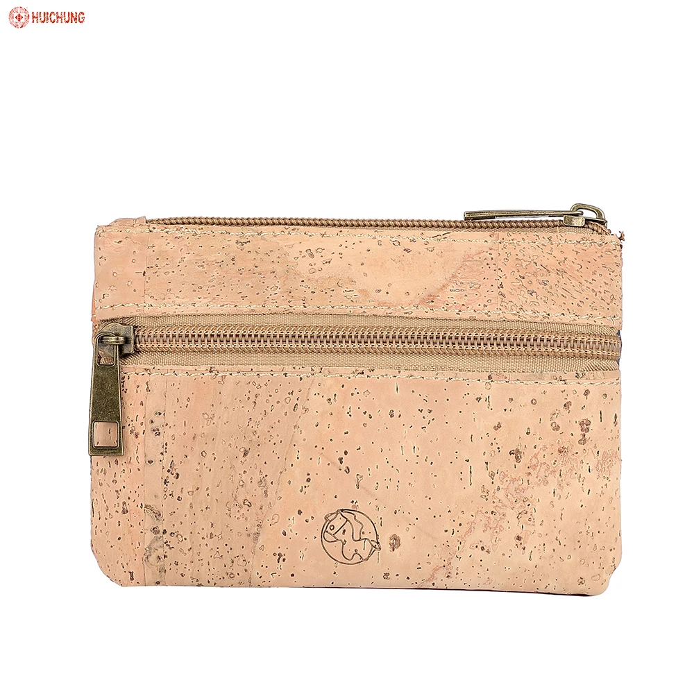 Natural color cork purse zipper clutch bag cork wallet  with flower printing
