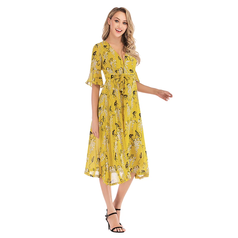 New Fashion Spring Casual Dress Flower Printed Short Sleeve Ruffle Wrap Beach Dress