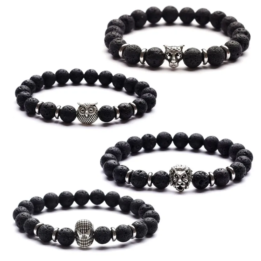 Lava Stone Meditation Power Bracelet Silver Lion Head Owl Leopard Spiderman Matte Pearl Natural Stone Bracelet.
