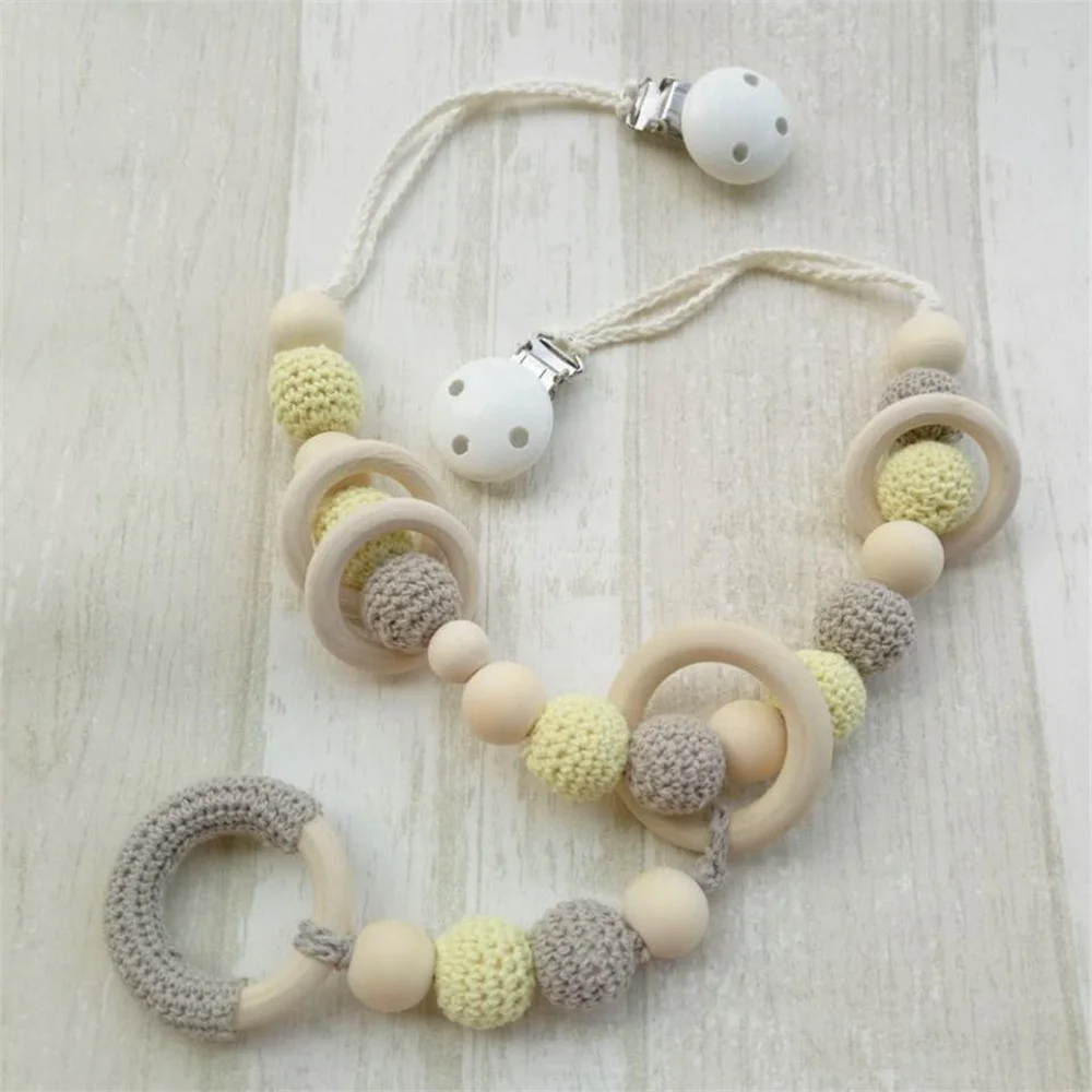 Crochet Baby Teether Organic Wood Pram Chain Stroller Hanging Toy