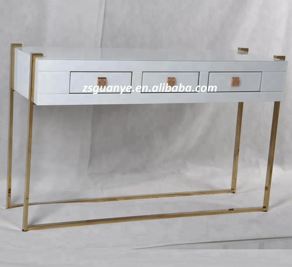 Large Storage 3 Drawers Gold Metal Leg White Glass Top Mirrored Console Table