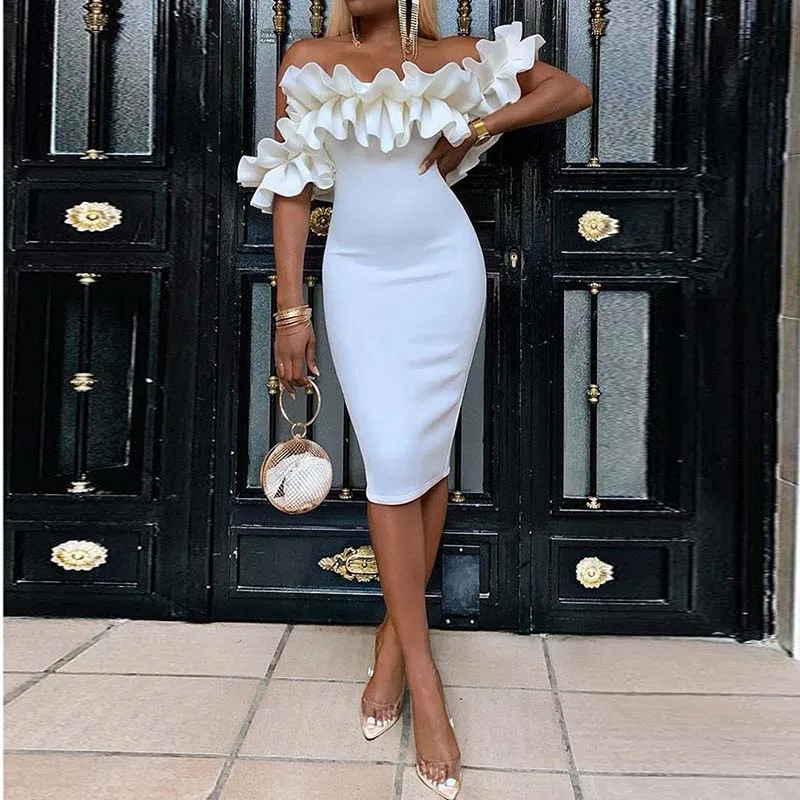 Women Off Shoulder Ruched Design Bodycon DressShort Sleeve ruffles back zipper closure party wedding  banquet cocktail dresses