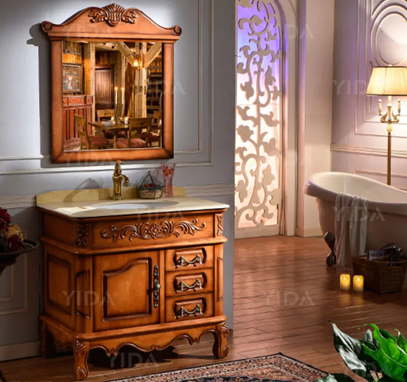 Foshan factory waterproof wood antique bathroom cabinet solid wood classic bathroom vanity cabinet