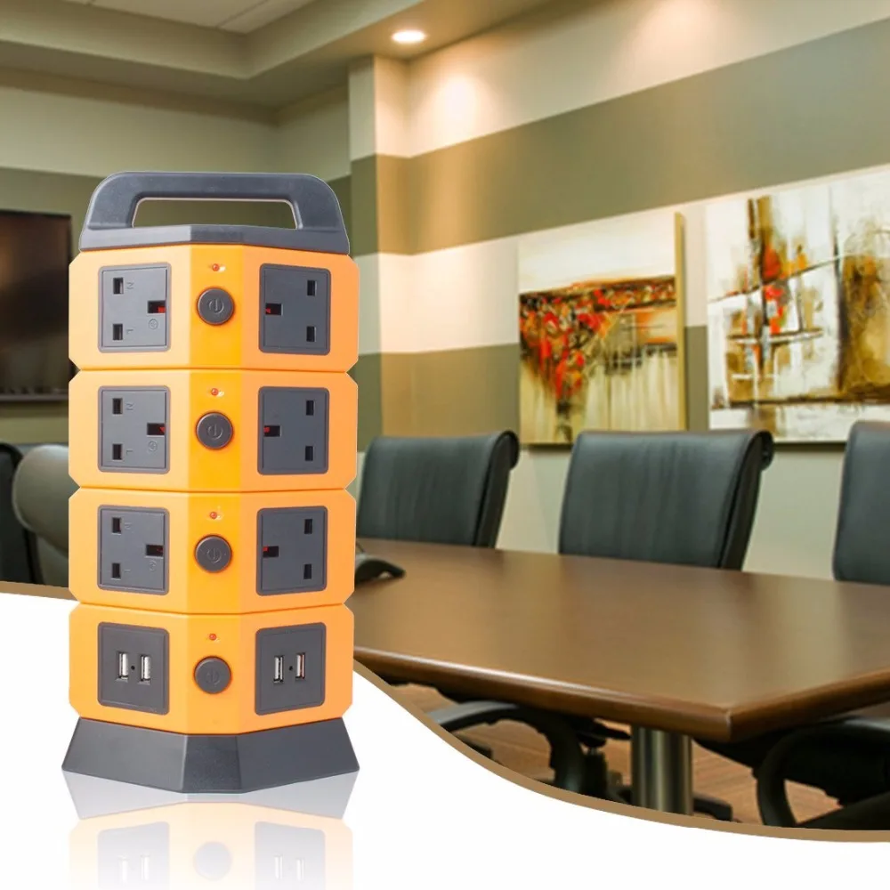 
Tower Power Strip 2500W Smart Socket Surge Protector 10 UK Socket 4 USB Charging Station 6.5ft Extension Cord Orange 