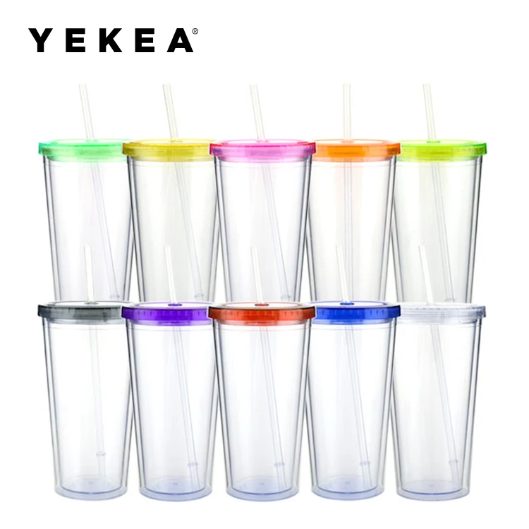 Factory Price 20 Oz Custom Printed Double Walled Acrylic Plastic Drinking Tumbler With Straw