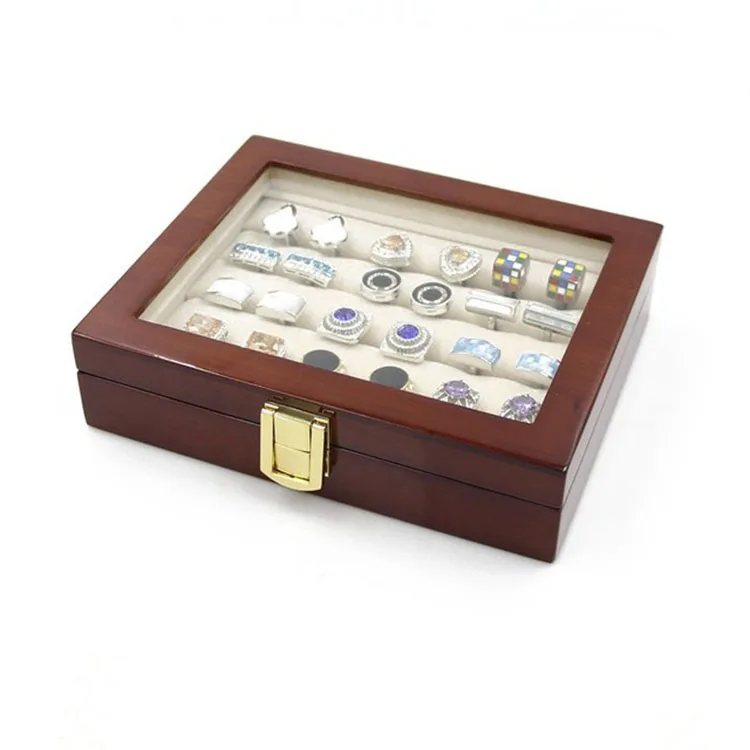Wholesale fashion cufflinks display box high quality lacquer wooden jewelry glass cover ring jewellery packaging box