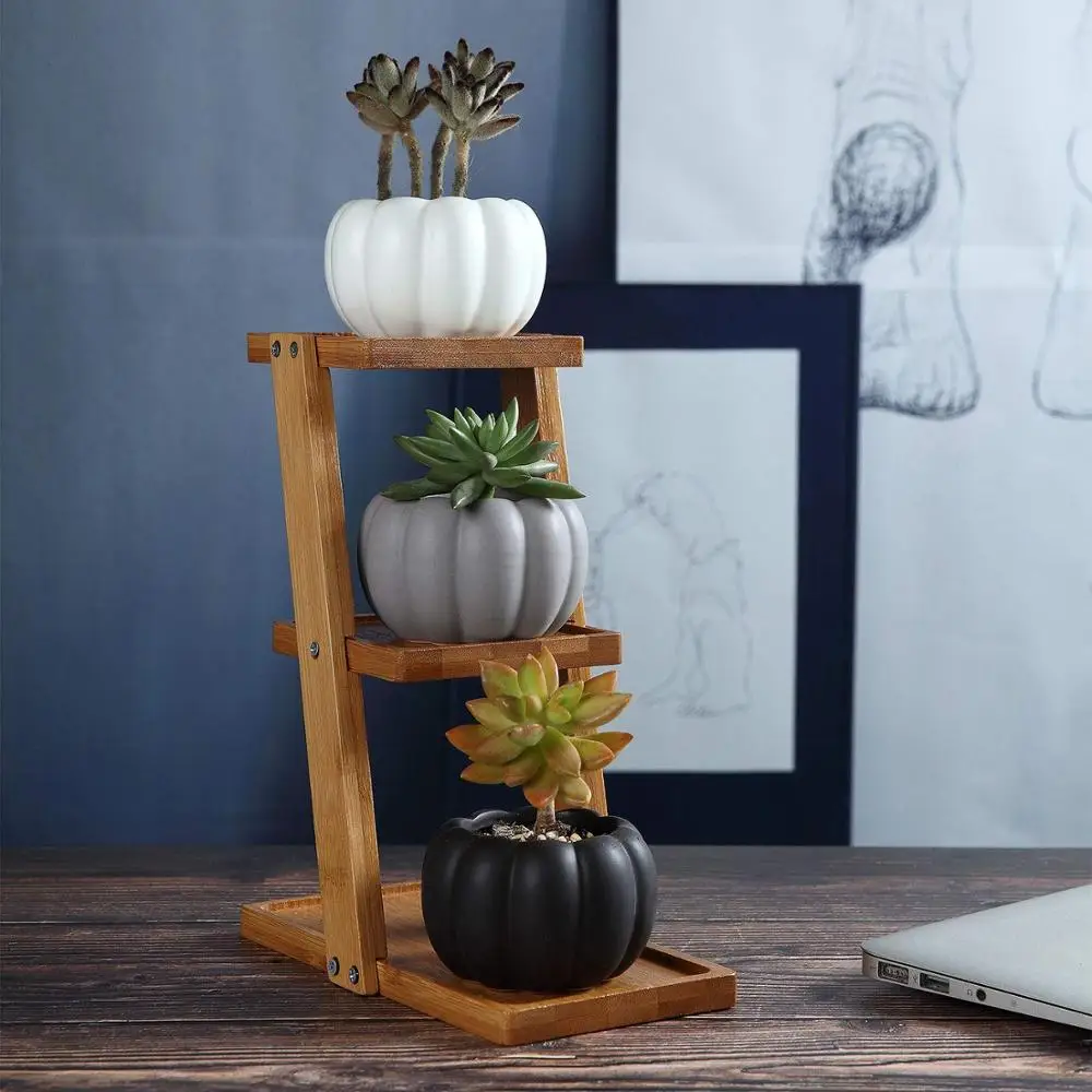 Bamboo Indoor Outdoor Small 3 Tier Step Pot Plant Stand Holder Mid Century Wood Spiral Staircase Garden Succulent