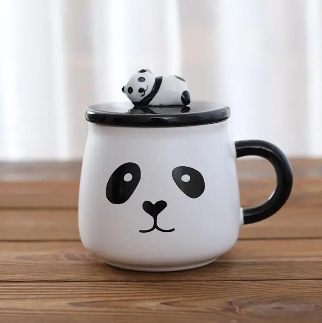 High quality Korean Style cartoon cute panda Ceramic coffee milk Mug with Cover and Spoon