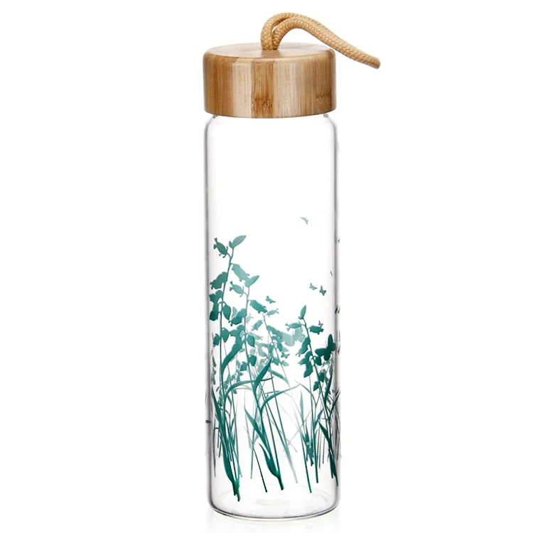 Personalized BPA-free Drinking Insulated 450 ml Double Wall Borosilicate Tea Fruit Water Glass Bottle with Infuser Bamboo Lid