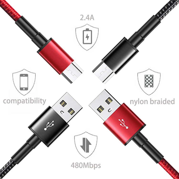 Amazon supplier wholesale nylon braided 2.4A fast charging micro usb cable high speed data charger cables for Android