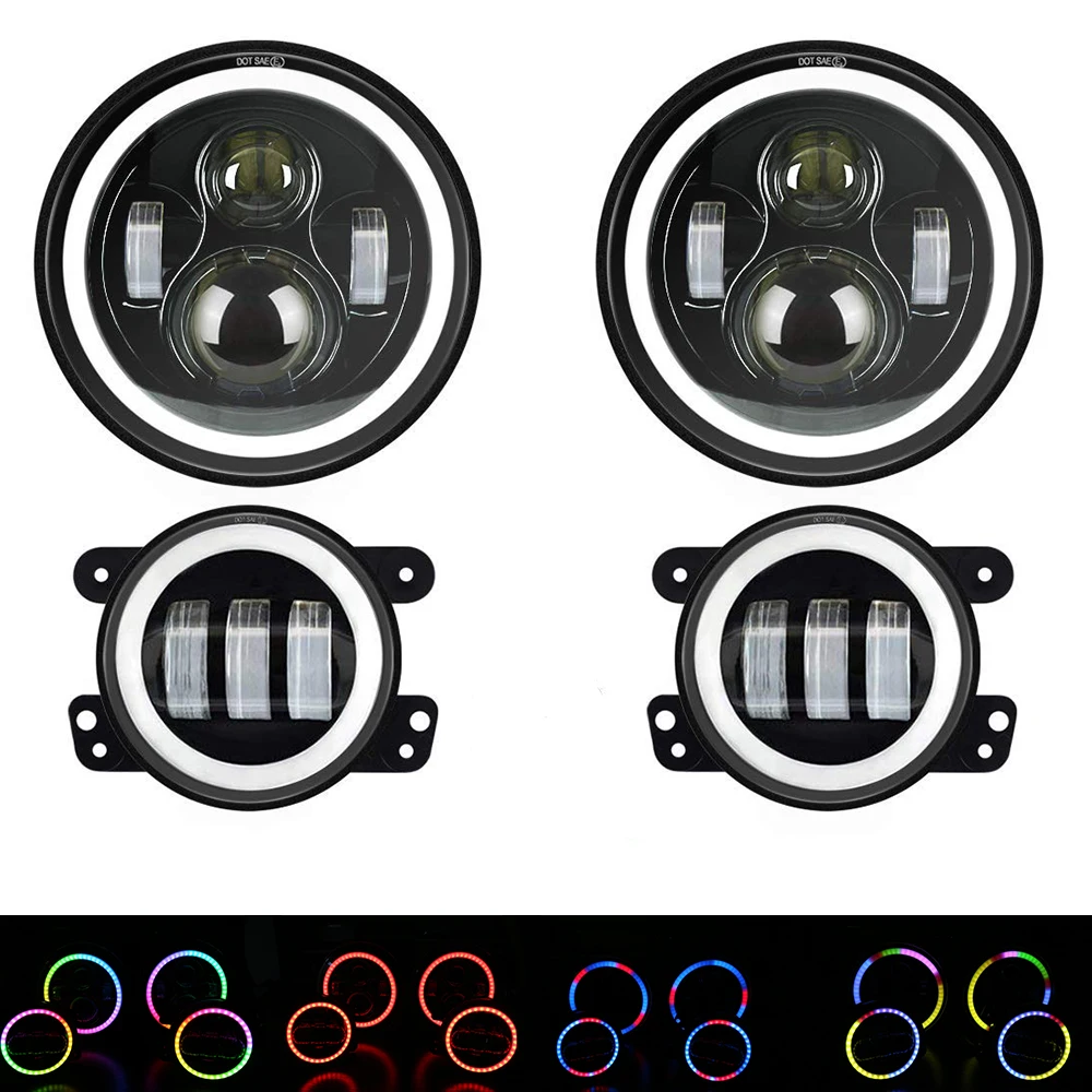 New arrived 4 inch Fog Light Remote control changing colors High Low Beam RGB 7 Inch LED Round Headlight with DRL LED lights