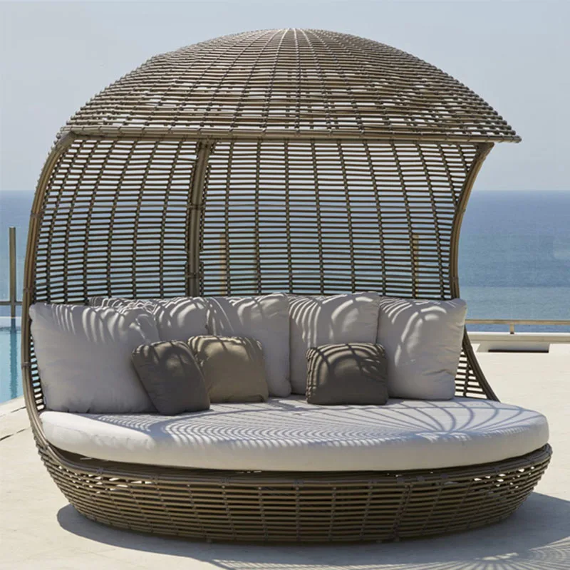Wholesale aluminum frame wicker furniture outdoor canopy rattan sunbed beach daybed