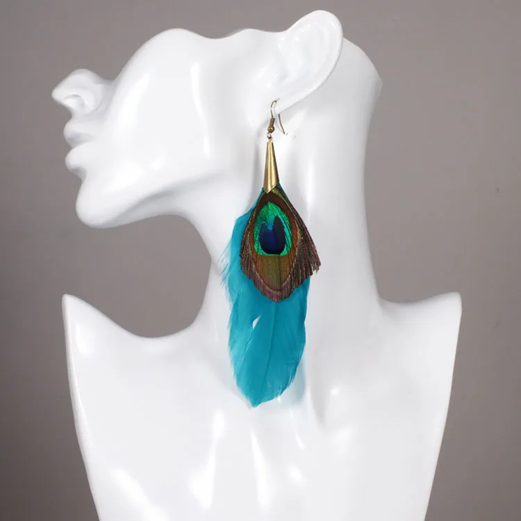 Fashion jewelry long blue peacock feather sexy earrings