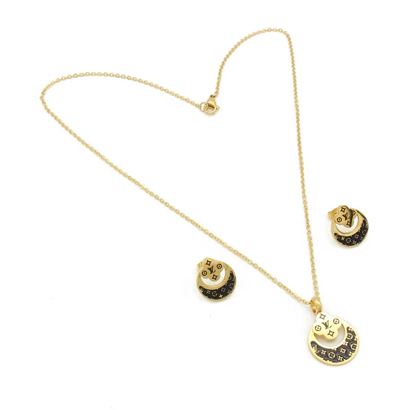 
High Fashion Wholesale Cheap Women Enamel Stainless Steel Gold Necklace Set Jewelry 