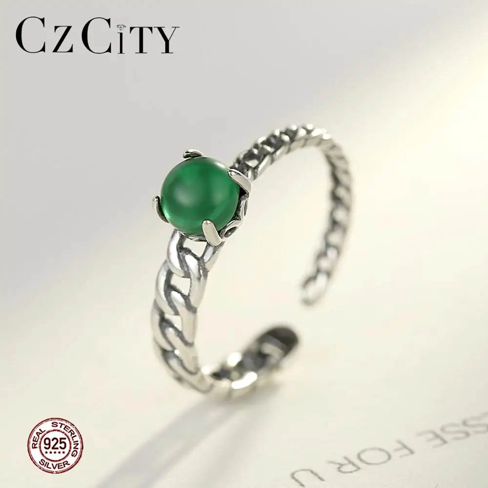 CZCITY 925 стерлингового серебра Открытые Кольца для женщин круглый зелеными кристаллами ручной работы; Комплект: модный дизайн оптовая продажа Регулируемый кольцо на
