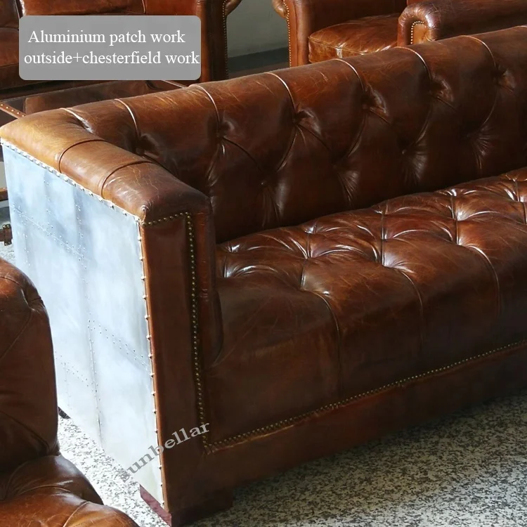loft industrial furniture sectional leather sofa sets design Aluminium patchwork back luxury classic leather office sofa