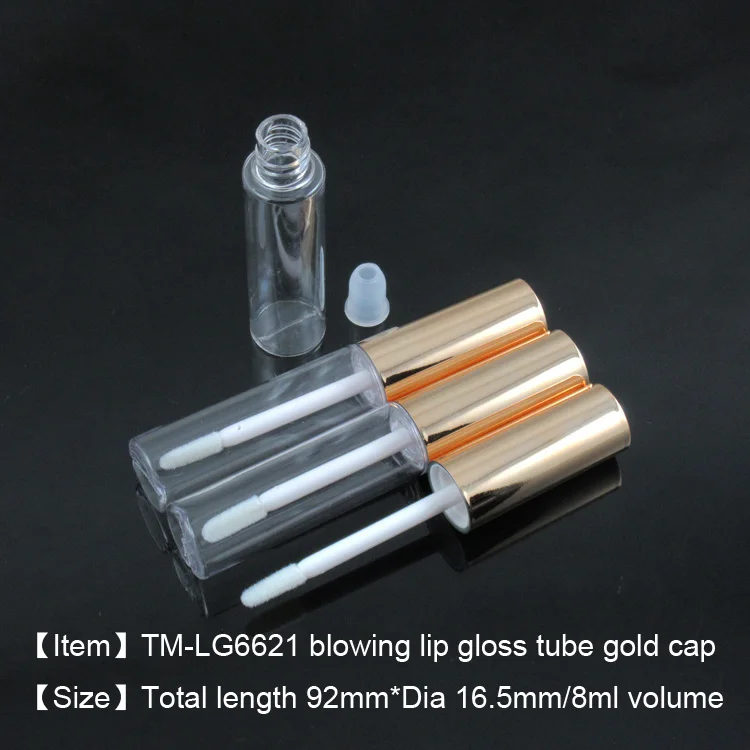 moq 500pcs TM-LG6621  8ml empty lip gloss tube blowing lip gloss bottle custom label shiny gold clear lip gloss wand tubes