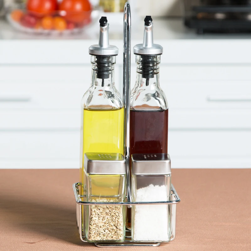 5pcs Glass Cruet Set Glass Salt Pepper Shaker Condiments Bottle Spice Jar Set With Holder