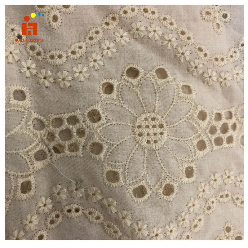 HLP342 Hot Sale cotton embroidered lace fabric cotton white perforated embroidered lace fabric