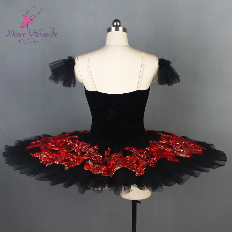 Black swan professional ballet costume velvet bodice and 7 layers stiff tulle pancake tutu skirt BLL086
