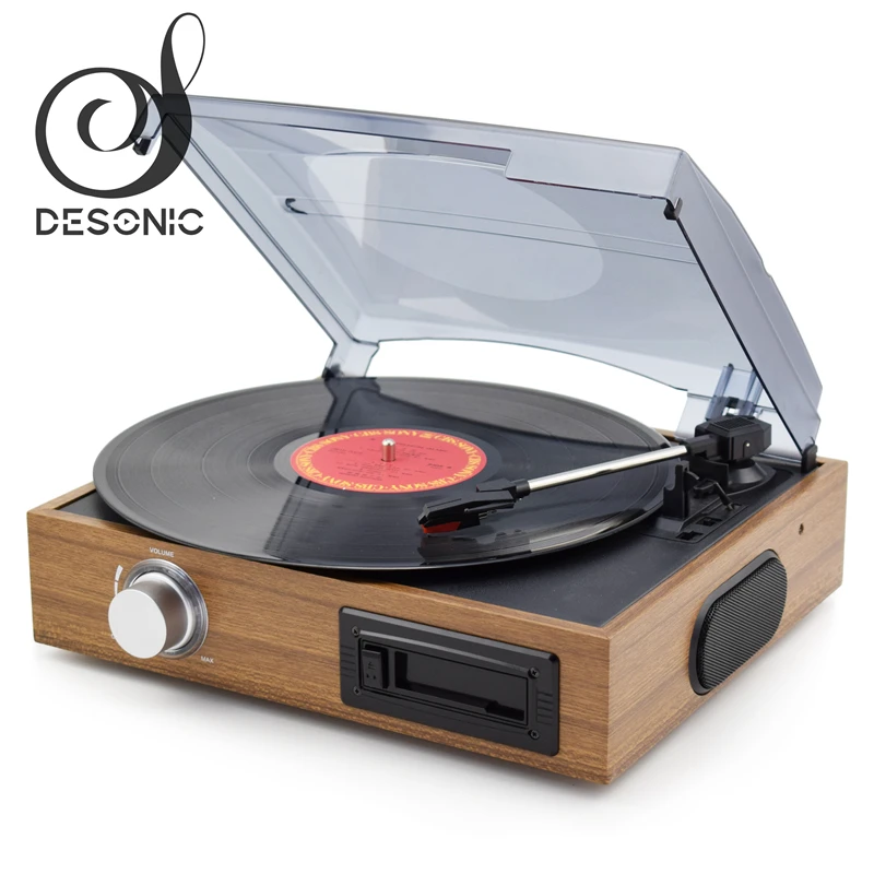 2019 Hot sale classic wooden gramophone record player vinyl turntable with cassette player& built in speakers