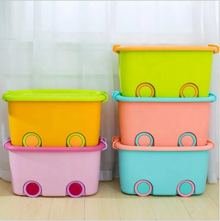 Kids Car Shaped Colorful Plastic Clothes Toy Storage Box With Wheels