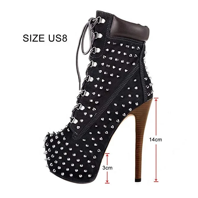 MANRINO-0451 2019 Fashion Trends Womens 14 CM High Heel Platform Studs Decor Lace Up Summer Ankle Boots For Lady