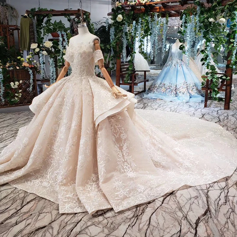 HTL454 2019 latest design lace applique custom made bridal gowns wedding dresses with veil