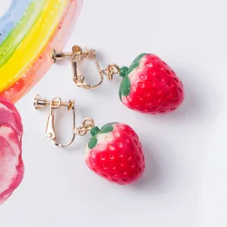 Korean Creative Simulated Strawberry Ear Hole-free Ear-clip Net Red ins Interesting Fruit Mixed Batch Long Acrylic Earrings Fema