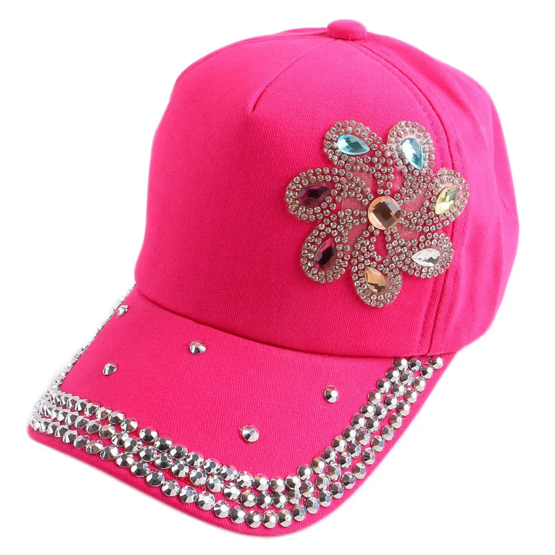 Wholesale high quality fashion colorful rhinestone womens 5 panel bling cotton baseball cap