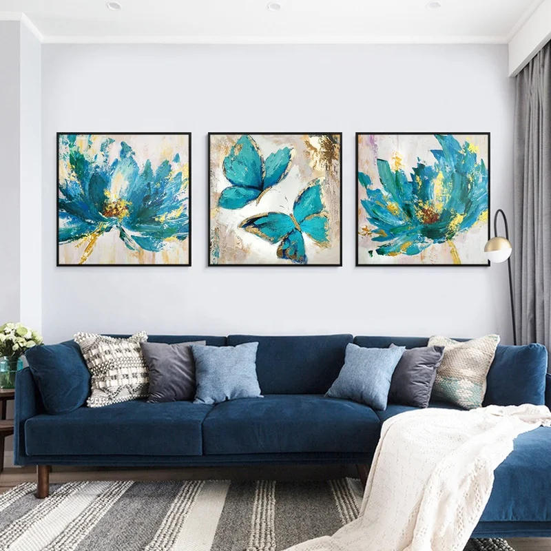 3 Panels Impression Wall Art Decor Blue Butterfly Flower hand painted canvas oil painting for decoration