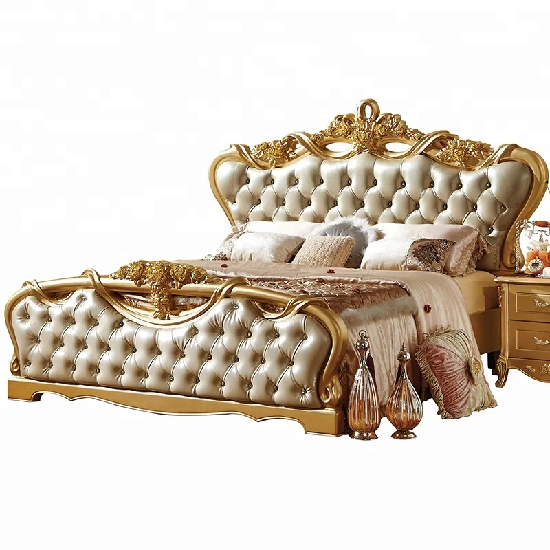 Luxury  Design Bedroom Furniture Golden color King Size Wooden Leather Bed