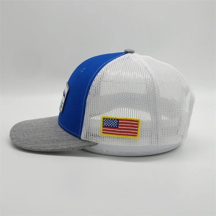 Wholesale Custom High Quality 6 Panel Cotton Twill Royal Blue American Flag Embroidery Patch Mesh Snap Back Trucker Caps Hat