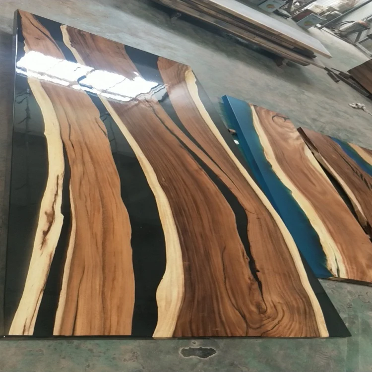 Unique table top solid walnut wood with black epoxy resin river table dining table