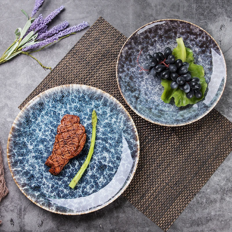Завод Dehua в наличии, Круглый лоток для стейка, фарфоровые обеденные тарелки, керамические синие