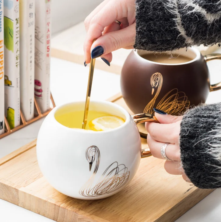 Creative Office Gift Mug Rose Gold Swan Paunch Ceramic Cup