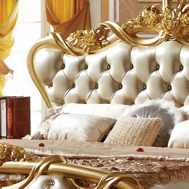 Luxury  Design Bedroom Furniture Golden color King Size Wooden Leather Bed