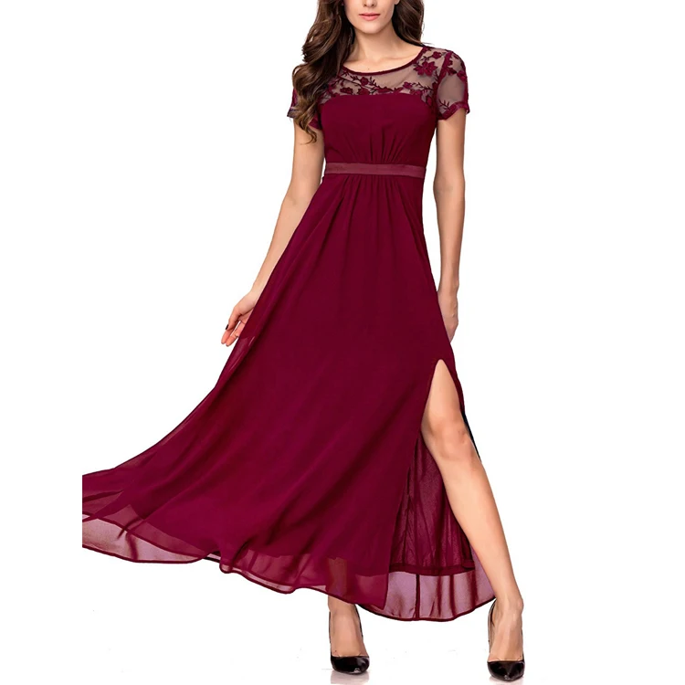 Clothing Manufacturer Ladies Floral Sheer Mesh Elegant Split Side Formal Party Dress