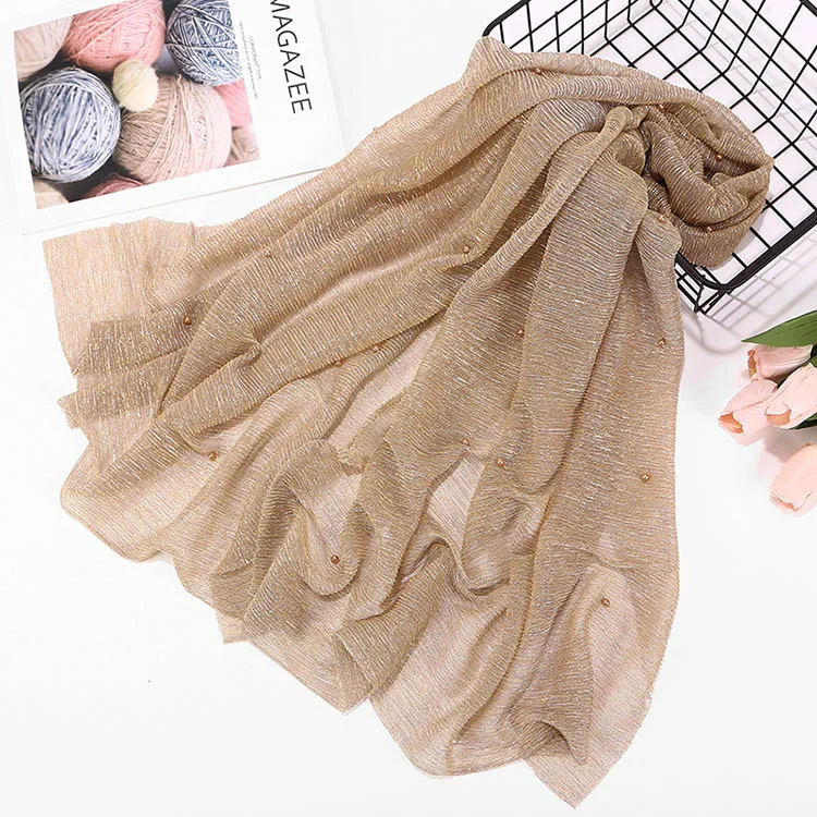 Latest Design High Quality Women Solid Scarf Fashion Glitter Shimmer Shawl with Pearls