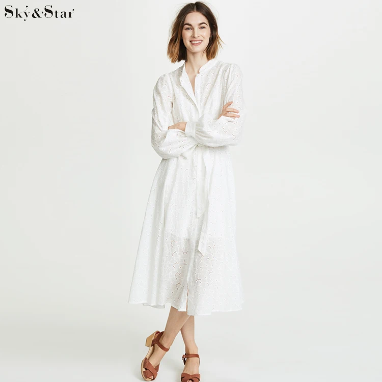 Women casual plain long sleeve embroidered simple white shirt dress with lining