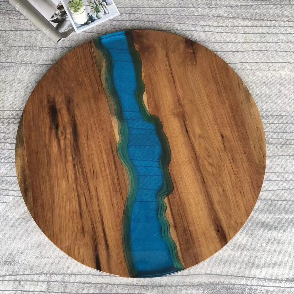 2019 JUNE EXPO modern style solid wood with beautiful blue epoxy resin river serving tray round coffee tray