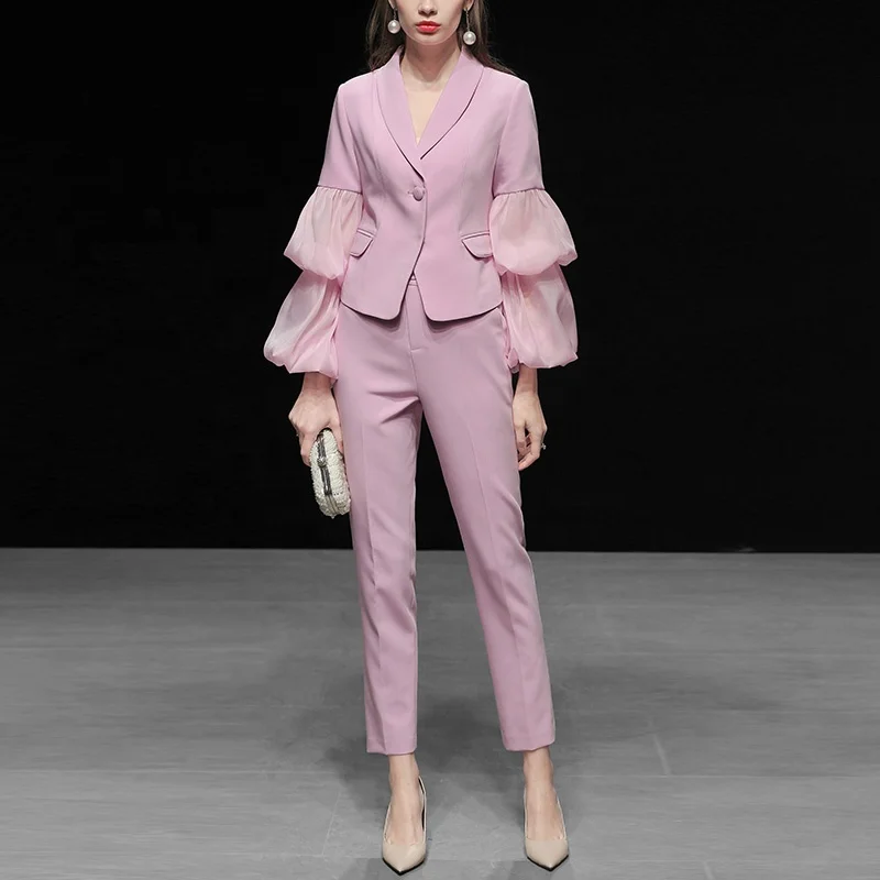 OEM 2019 Trendy Puff Sleeve Solid  Elegance Stitching Luxury Two Piece Women Suit