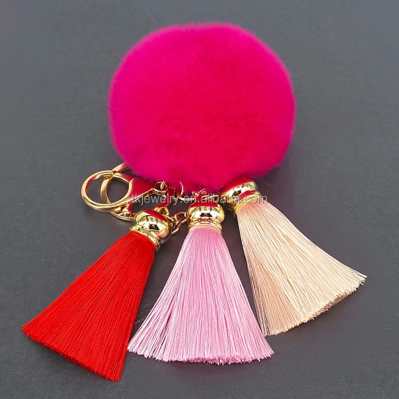 Stock Wholesale Colorful Korea Tassel Key chain With fur ball Pom Pom Key rings for lady